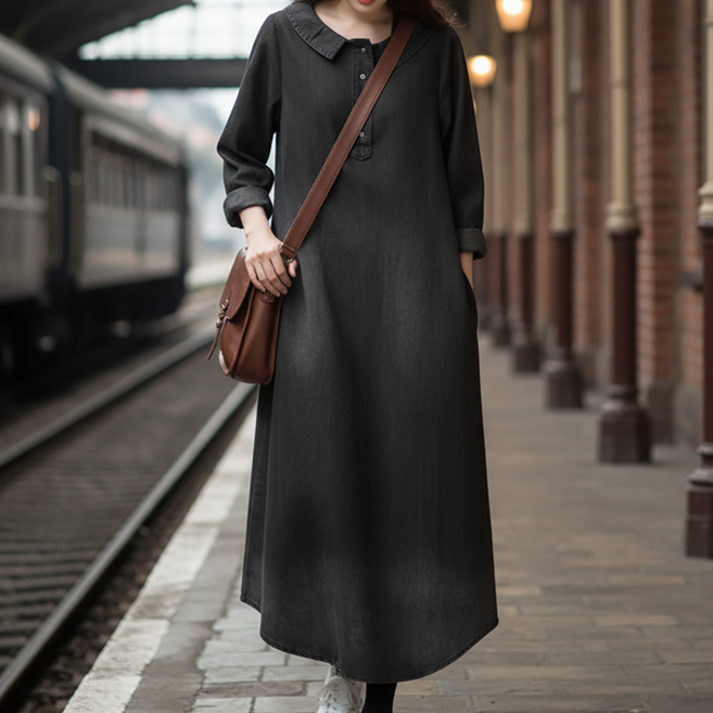 블랙루비스 데님 셔츠 원피스 여성 카라 긴팔 청원피스 롱 맥시 빅사이즈 체형커버 데일리룩 DLGP0011