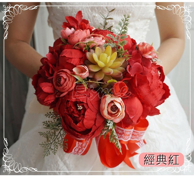 新娘捧花 伴娘捧花 婚禮捧花 歐式捧花 結婚捧花 美式捧花 手捧花 假花, 經典紅, 1個
