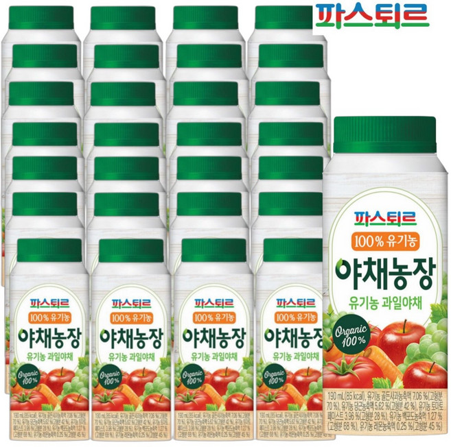 파스퇴르 파스퇴르 100%유기농 야채농장 과일야채 190ml(28팩), 28개, 190ml