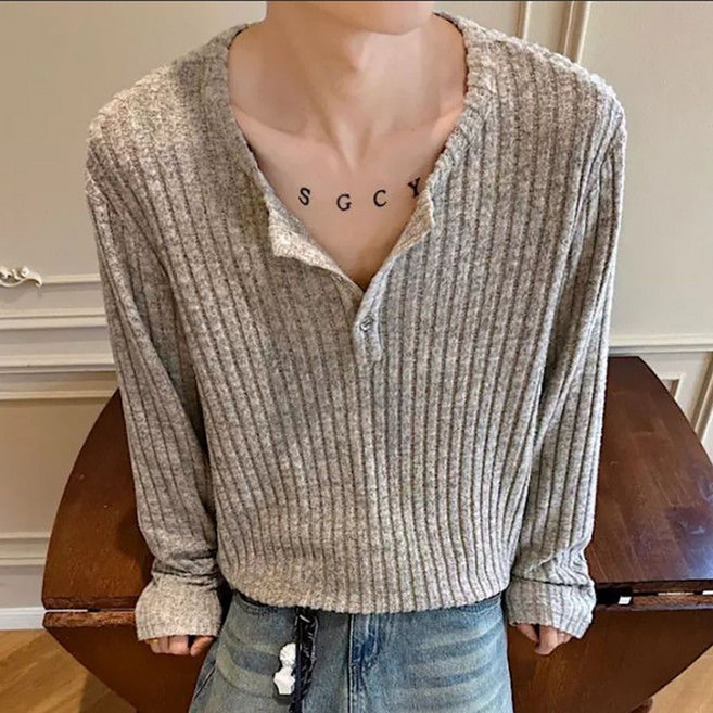 ROYALBELLE 남성 골지 버튼 브이넥 슬림핏 데일리 레이어드 긴팔 티셔츠 B06011810