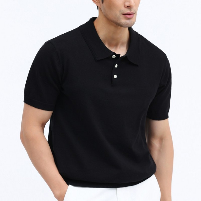 글리멜로 남자 여름 면 혼방 무지 니트 카라 반팔 티셔츠