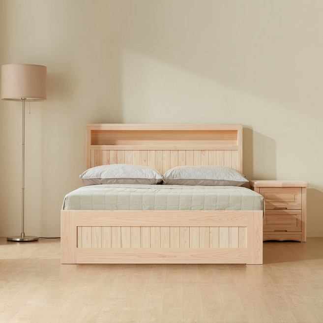 바르숲 로아 편백나무 침대 프레임 LED 통원목 침대 풋보드포함, 베이지