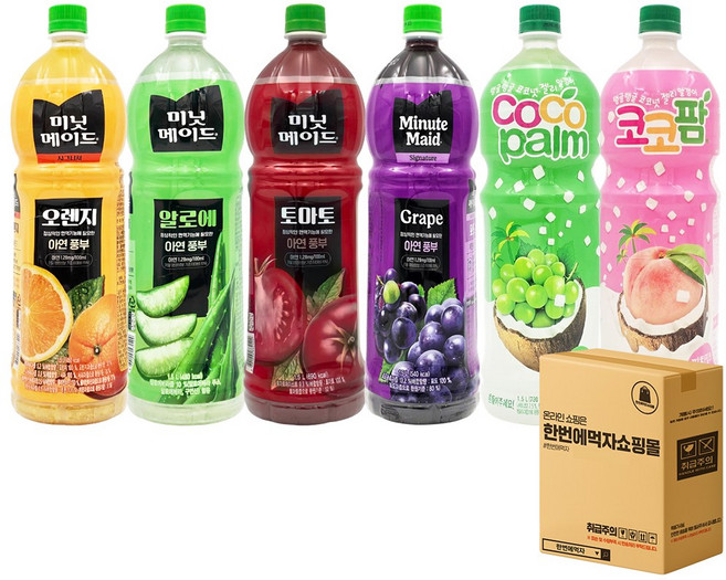 [한번에먹자] 대용량 과즙음료 6종 혼합세트 (미닛메이드 오렌지 + 알로에 + 토마토 + 포도 + 코코팜포도 + 코코팜복숭아) 과일음료 사무실음료 가정용 업소용 당구장 식자재, 6개, 1.5L
