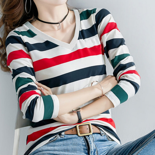밍키비 브이넥 줄무늬 배색 긴팔 여성 티셔츠