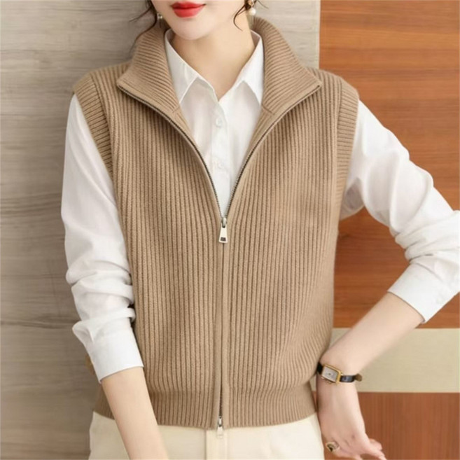 TKX 여성 니트 베스트 심플 디자인 V넥 지퍼 상의 골지 중년여성 베이직