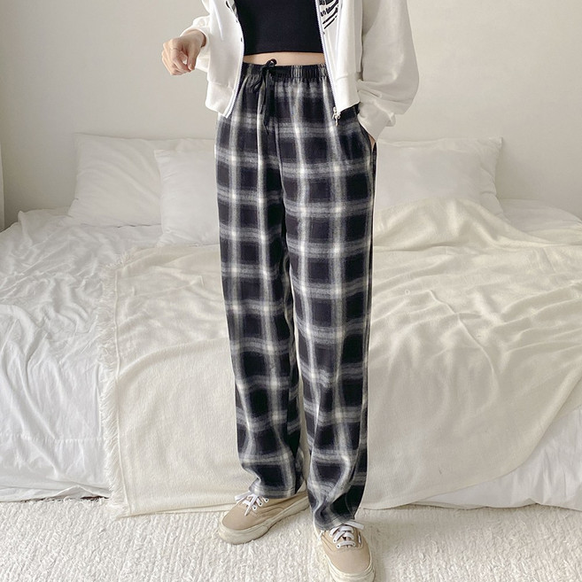 앤샵 [남녀공용/빅사이즈~2XL] 비엘 편안한 일자 와이드 타탄 체크 밴딩 바지 팬츠(2color)