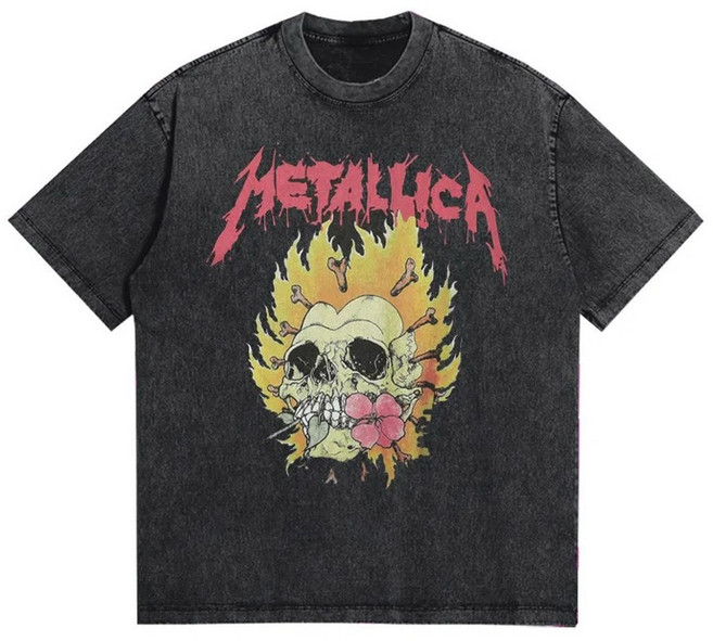 Washed Metallica Oversize 헤비급 록 밴드 빈티지 티셔츠 크루 넥 반팔 캐주얼 탑 남성용 여름 패션