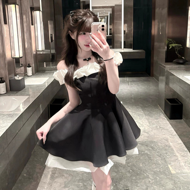 一字肩連衣裙女 撞色 收腰 蓬蓬 公主裙 小禮服, 黑色