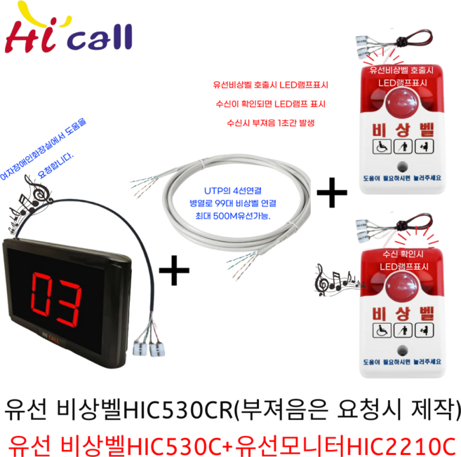 하이콜 유선비상벨 장애인 화장실 양방향확인 주차장 부져음 건물 돌출형 도움벨 관공서 모니터1개+벨2세트, 1