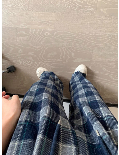復古格子高腰休閒長褲 春秋冬寬鬆闊腿直筒褲