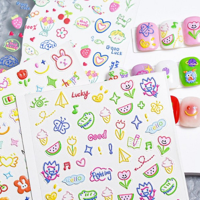 3D 엠보싱 입체 캐릭터 젤 네일 아트 스티커 세트 메탈 실버 하트 리본 빈티지 네일아트스티커, 1개, 파스텔 베어