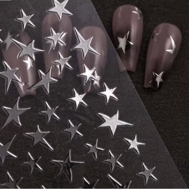 [3종세트] 오루셀렉트 메탈 별 네일 스티커 | 블랙 화이트 실버 미러스타 | 입체 불규칙 포인트 | 셀프네일 꾸미기, 3개, 블랙화이트실버