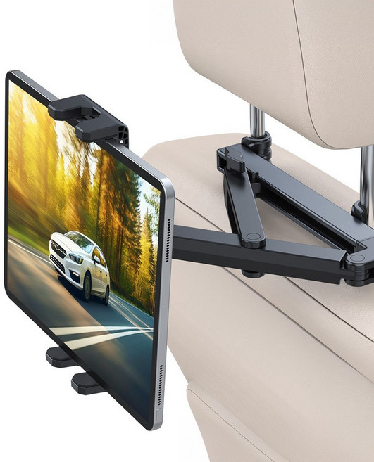 클레미엄 철제 튼튼한 차량용 헤드레스트 삼중고정 휴대폰 태블릿 초대형 아빠 거치대, 메탈 블랙, 1개