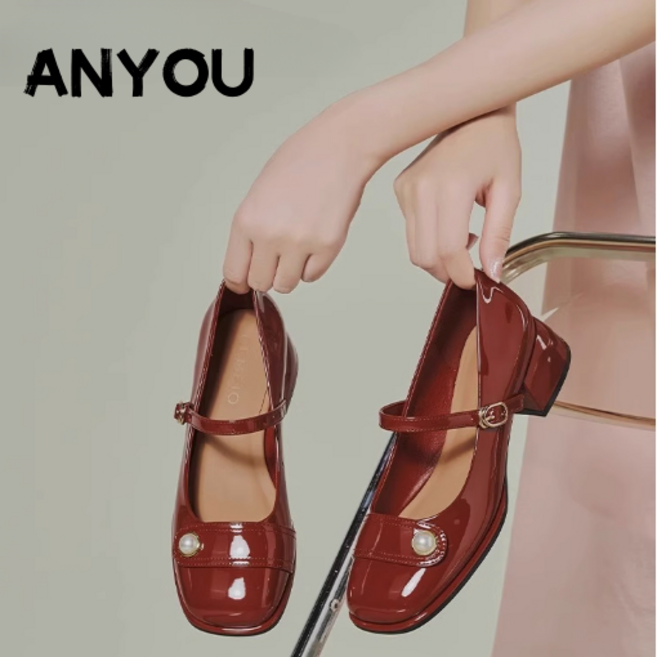 ANYOU 스퀘어 메리제인 여자구두 미들힐 통굽 펌프스 베이직