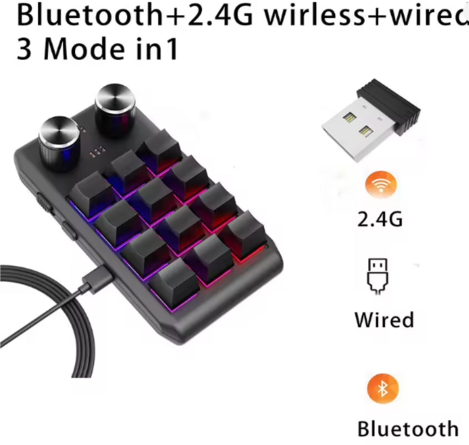매크로 12키 블루투스 키보드 무선 프로그래밍 메크로 커스텀 블루투스 키보드 RGB 12 키 복사 붙여넣기 미니 단추 게이밍 키패드 2 노브 메크로, 적축, 메크로 12키, Black 불루투스+USB+유선