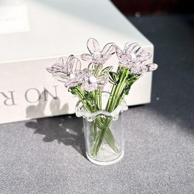 초미니꽃다발 유리꽃 감성 인테리어 유리공예 소품 기념일 선물 세트 졸업식, 핑크 작은 꽃 세트 (7개 + 병)