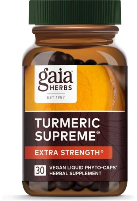 Gaia Herbs 가이아 허브스 터머릭 슈프림 엑스트라 스트렝스 - 일시적인 부기 완화에 도움을 주는 제품 강황 커큐민과 흑후추 함유 비건 액상 파이토캡슐 120개 최대 12, 120정, 1개 - 쿠팡