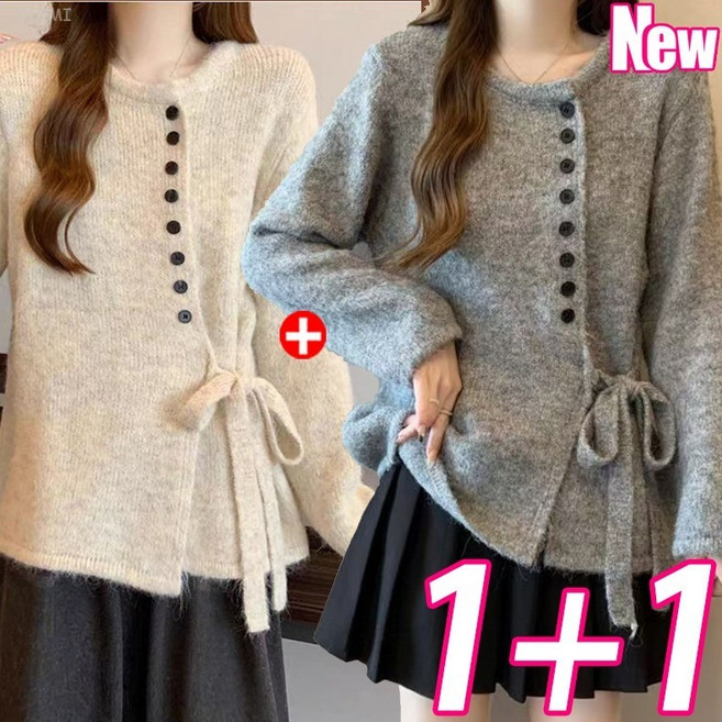 YLEMI 1+1 가을 겨울 여성 벨티드 언밸런스 스웨터 톱 스타일 루즈핏 긴팔 니트 코트 2P