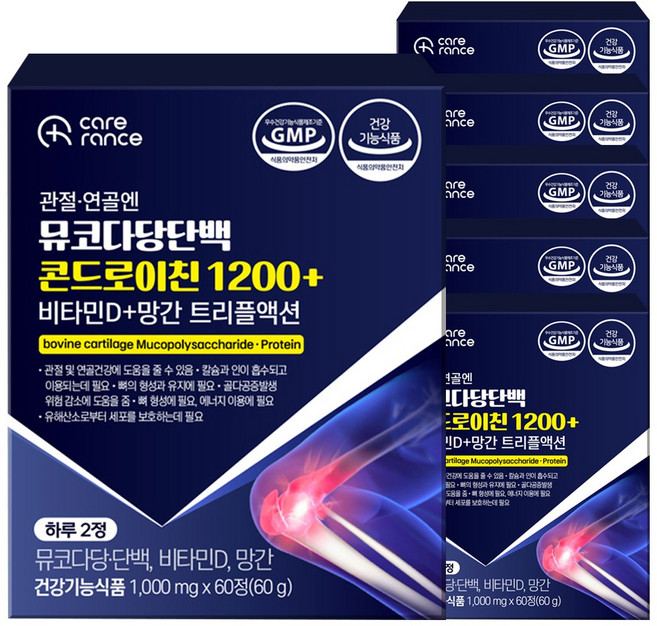 케어란스 관절 연골엔 뮤코다당단백 콘드로이친 1200+ 비타민D+망간 트리플액션, 6개, 60정