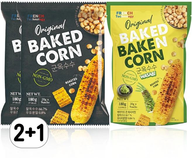 [2+1] 베이키드콘 구운 옥수수 오리지널 180g 2개 + 와사비 180g 1개 - 쿠팡