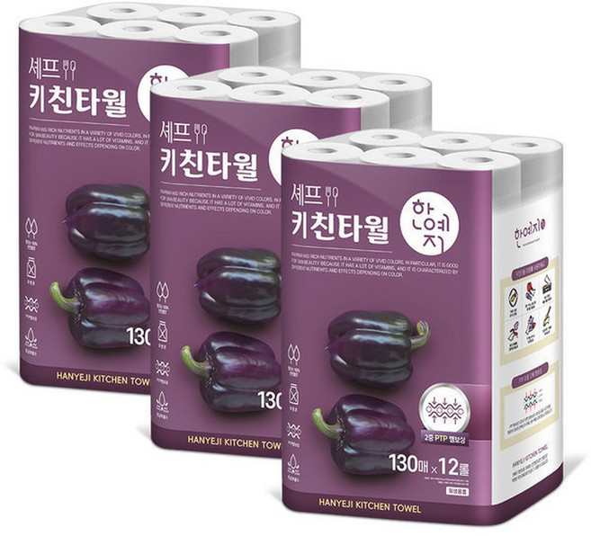 셰프 천연펄프 키친타올 130매 12롤 x 3팩, 3개