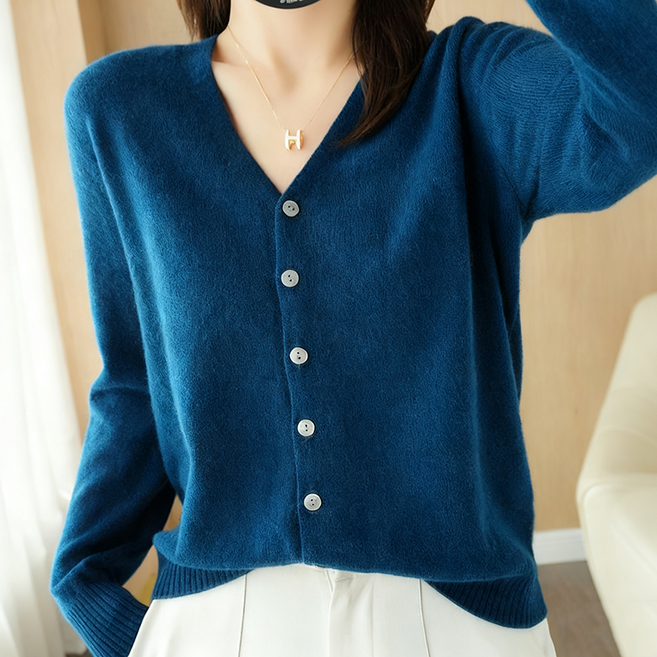 여성 브이넥 니트 가디건 데일리 소프트 베이직 루즈핏 긴팔 아우터 슬림소녀