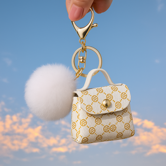 토끼털방울+미니파우치가방 악세사리 귀여운 열쇠고리 키링세트, 화이트