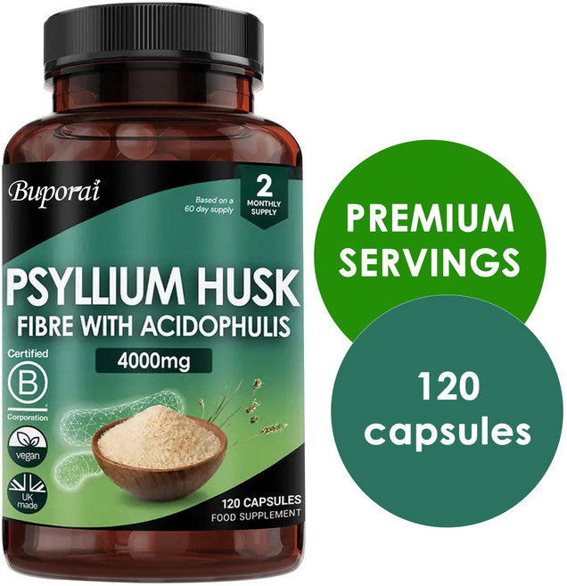 고강도 4000mg 사이리엄 껍질 섬유 보충제 - 아시도필러스 함유 - 플랜타고 오바타 씨앗에서 추출한 천연 수용성 섬유 보충제 사이리엄 껍질 캡슐 120개 비건, 1개, 120정