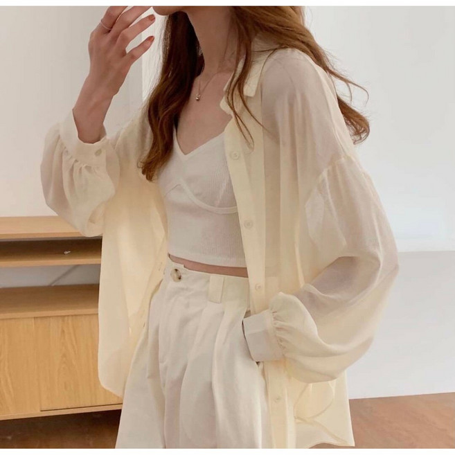 StephenieX 透膚雪紡長袖襯衫