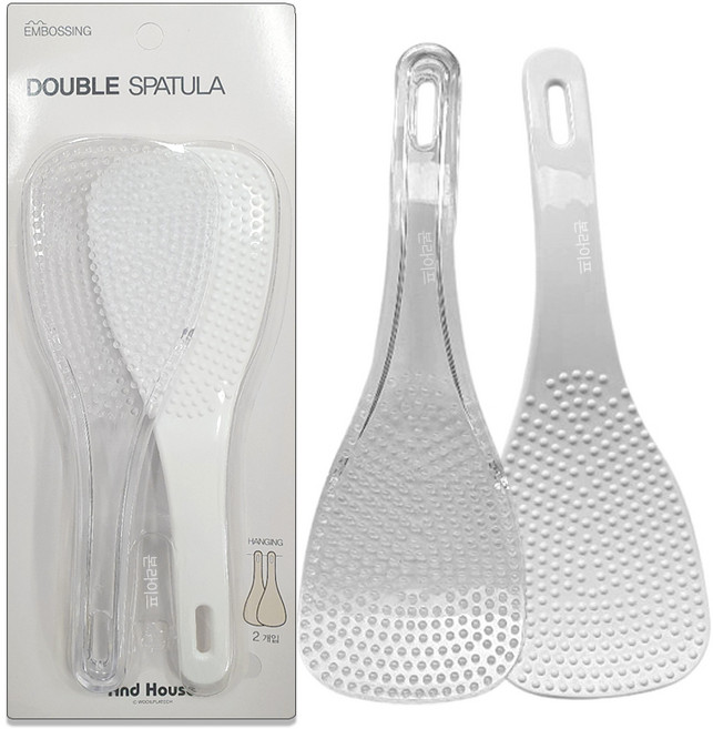 본라이프 1+1 국산 최근생산 엠보싱 표면처리로 밥풀 밥알이 붙지 않는 엠보싱주걱 2개 화이트+투명 밥주걱, 더블주걱, 1개