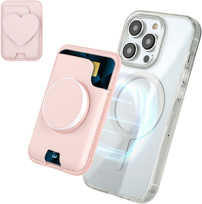 아이시(isee) 2배 초강력 자력 맥세이프 카드지갑 그립톡 (슬림/강력고정), 연핑크(원형+하트), 1세트