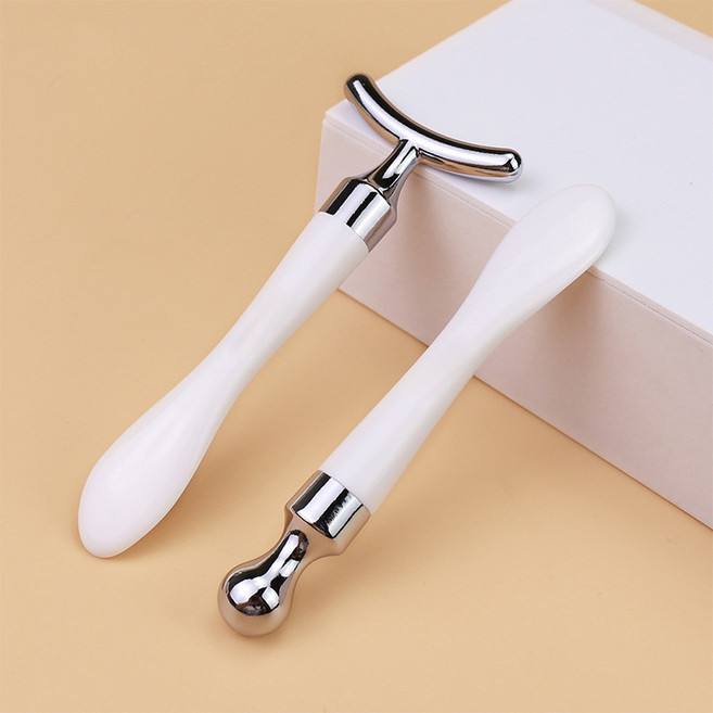 눈괄사 마사지스틱 2종 스파츌라 겸용 아이 마사지 T자형, 화이트&실버, 1개