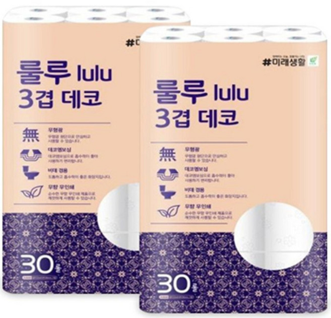 lulu화장지 두루마리휴지 롤티슈 룰루미래생활 3겹 30롤 2팩, 30개입, 2개