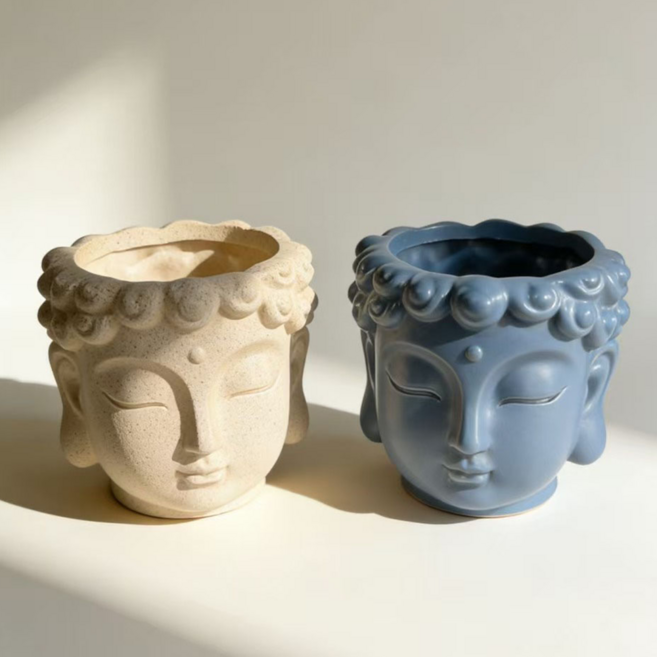 불상 얼굴 인테리어 화분 연필꽂이 오브제, 베이지