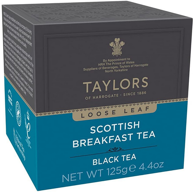 Taylors of Harrogate Scottish Breakfast 홍차 잎차 125g4.3온스 카톤 1팩 스트롱 몰티 풀 카페인 프리미엄 홀 리프 티 240040, 125g, 1