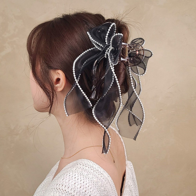 초콜리트쥬얼리 라인진주 14cm 빅 사이즈 올림머리 헤어 집게 오간자 드롭 리본핀 - 3color