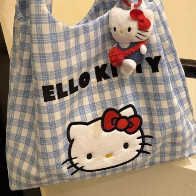 오베테 키티체크 자수 숄더 에코백 (블루/레드/옐로우)