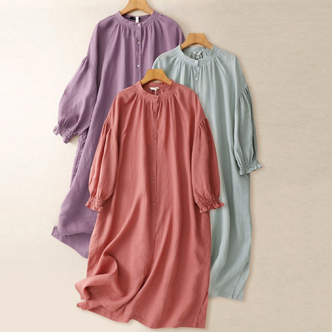 (완전 추천) 85kg까지 빅사이즈 여성 일제 린넨 셔츠형 벌룬소매 패치워크 원피스 봄 가을 편한 싱글버튼 옆트임 프릴 포인트 디자인 단아한 심플 캐쥬얼 박스 무지 라운드넥 원피스