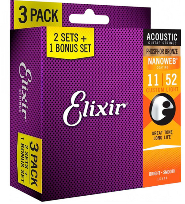 엘릭서 NANOWEB Phosphor Bronze 나노웹 통기타 스트링 3팩 011-052 (16544), 3개