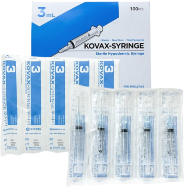 한국백신 일회용 주사기 3cc 24g 100p 멸균 개별포장 의료용 바늘, 100개, KOVAX-SYRINGE 3mL 24G 4/3