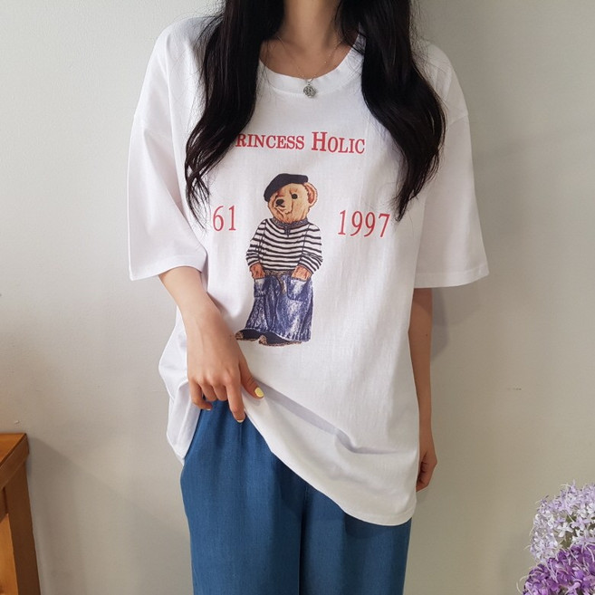 상상그이상 여성용 국내제작 프린베어 티셔츠 꾸안꾸 캐주얼 심플 곰돌이 프린팅 반팔티 탄탄한 면소재 구김없는 사계절 데일리 티셔츠