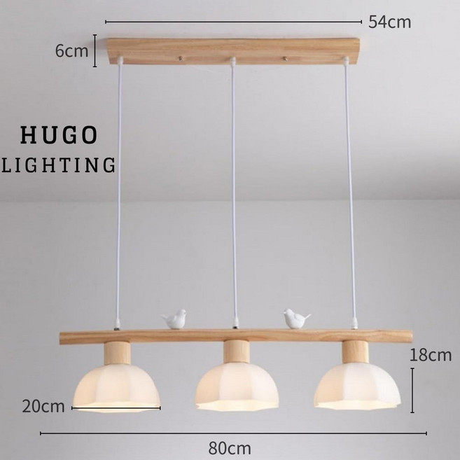 雨果燈飾 北歐原木小鳥餐桌吊燈 寬85cm 一字型直排式 日式風 餐桌中島吧臺燈, 三燈長盤 (寬6cm底盤)限有裝修天花版
