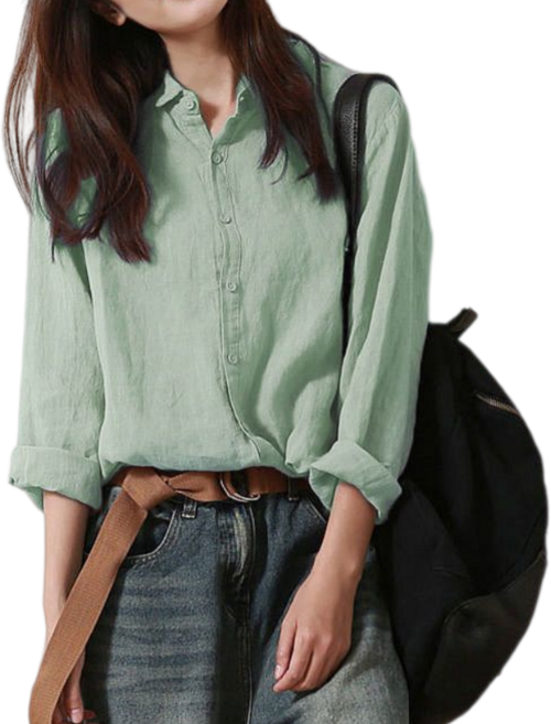 Makone 여성 솔리드 면마 캐주얼 셔츠 봄 가을 루즈핏 리넨 긴팔 셔츠 데일리룩