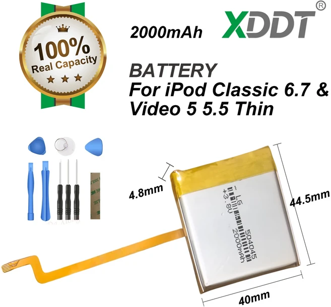 XDDT 2000mAh 사각형 배터리 업그레이드 SSD 교체용 아이팟 클래식 6.7&비디오 5 5.5 Thin용, 01 44.5404.8mm thinback