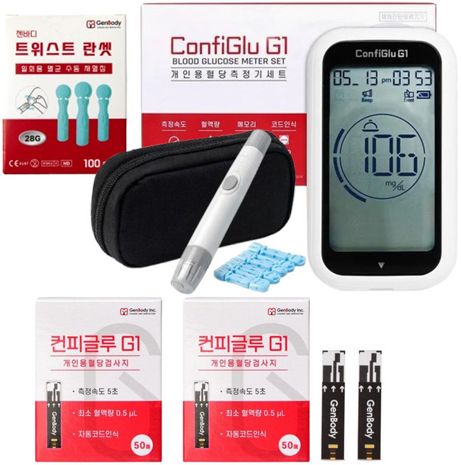 컨피글루G1 혈당측정기 1개+혈당시험지 100매(50매*2개)+란셋칩 100개, 2세트, BGMGS001