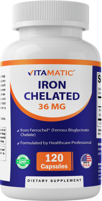 비타매틱 킬레이트 철분 36mg (Ferrochel® Ferrous Bisglycinate Chelate) - 120 베지 캡슐, 2개, 120정