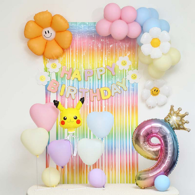 [피앤비유니티]스마일데이지 풍선스탠드 생일장식커튼세트 펌프포함, 1세트, 29-9)피카츄 마카롱커튼세트9