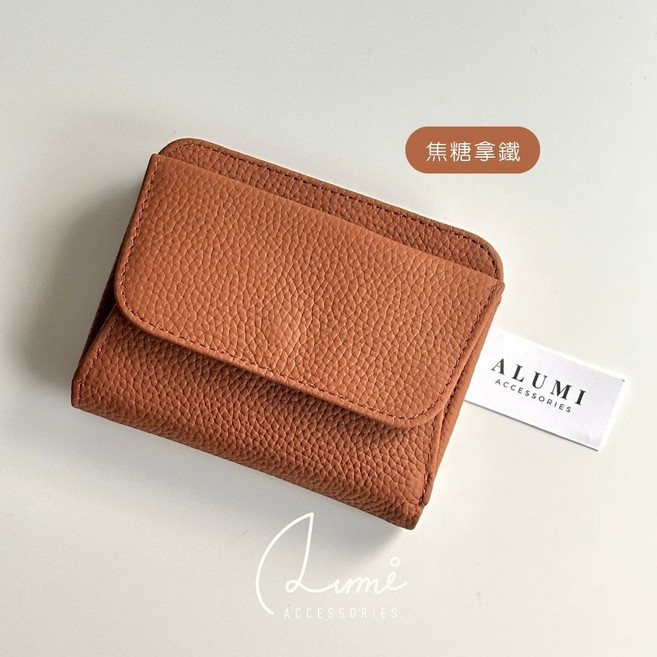 ALUMI 荔枝紋真皮 頭層牛皮盒型零錢袋 對折短夾 女生皮夾