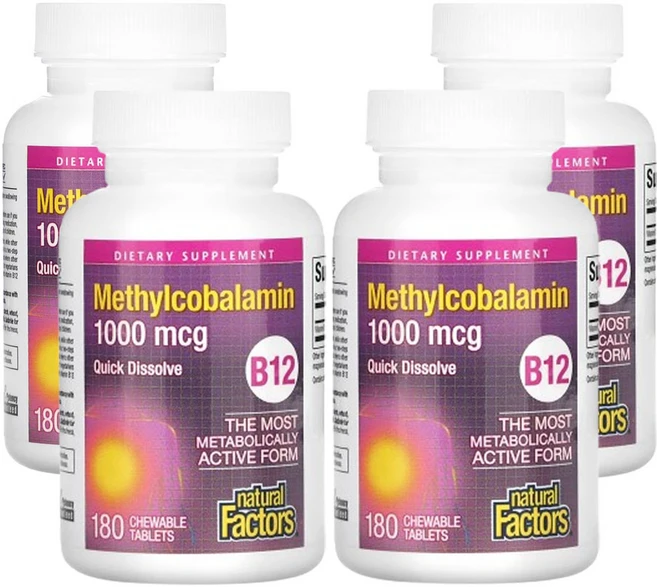 네츄럴팩터스 B12 메틸코발라민 1 000mcg 츄어블 180 정, 180정, 4팩 - 쿠팡