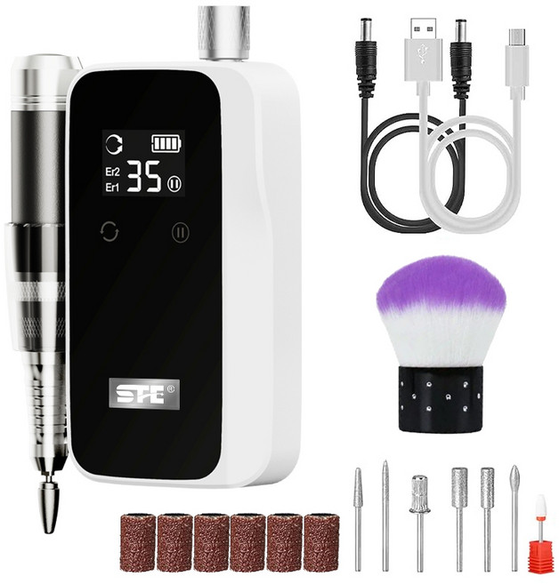 ZOZOFO 프리미엄 전동 네일드릴기 셀프 네일 케어 0-35000rpm 속도 조절 USB충전식, 1개, 흰색